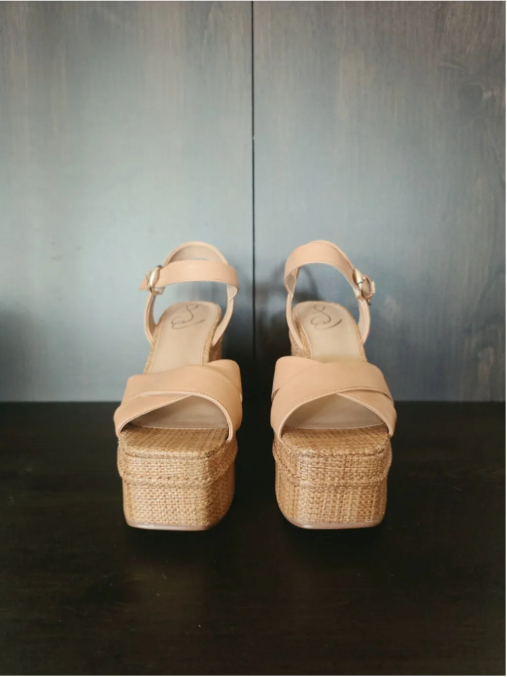 Sam Edelman Trianna LEATHER Woven Jute Raffia Block Heel Sandals 7.5 M Tan Brown